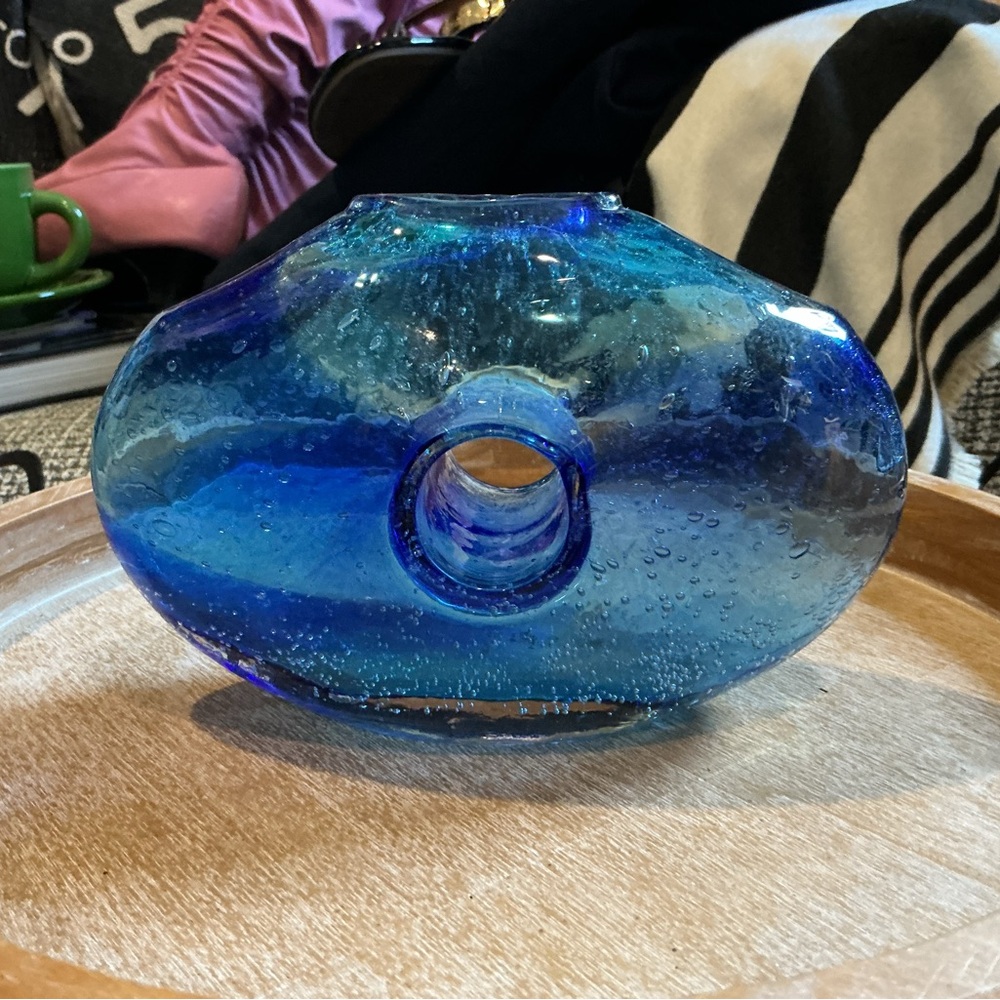 Margie’s Garden Art Deco Donut Hole Blue Glass Vase